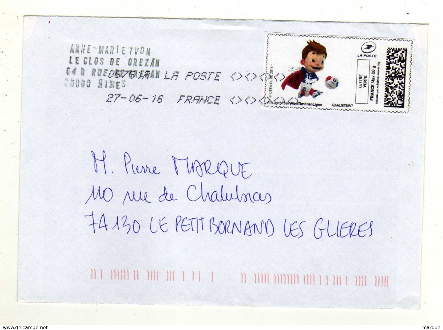 Enveloppe FRANCE Avec Vignette Affranchissement Lettre Verte Oblitération LA POSTE 05751A 27/06/2016 - 2010-... Illustrated Franking Labels