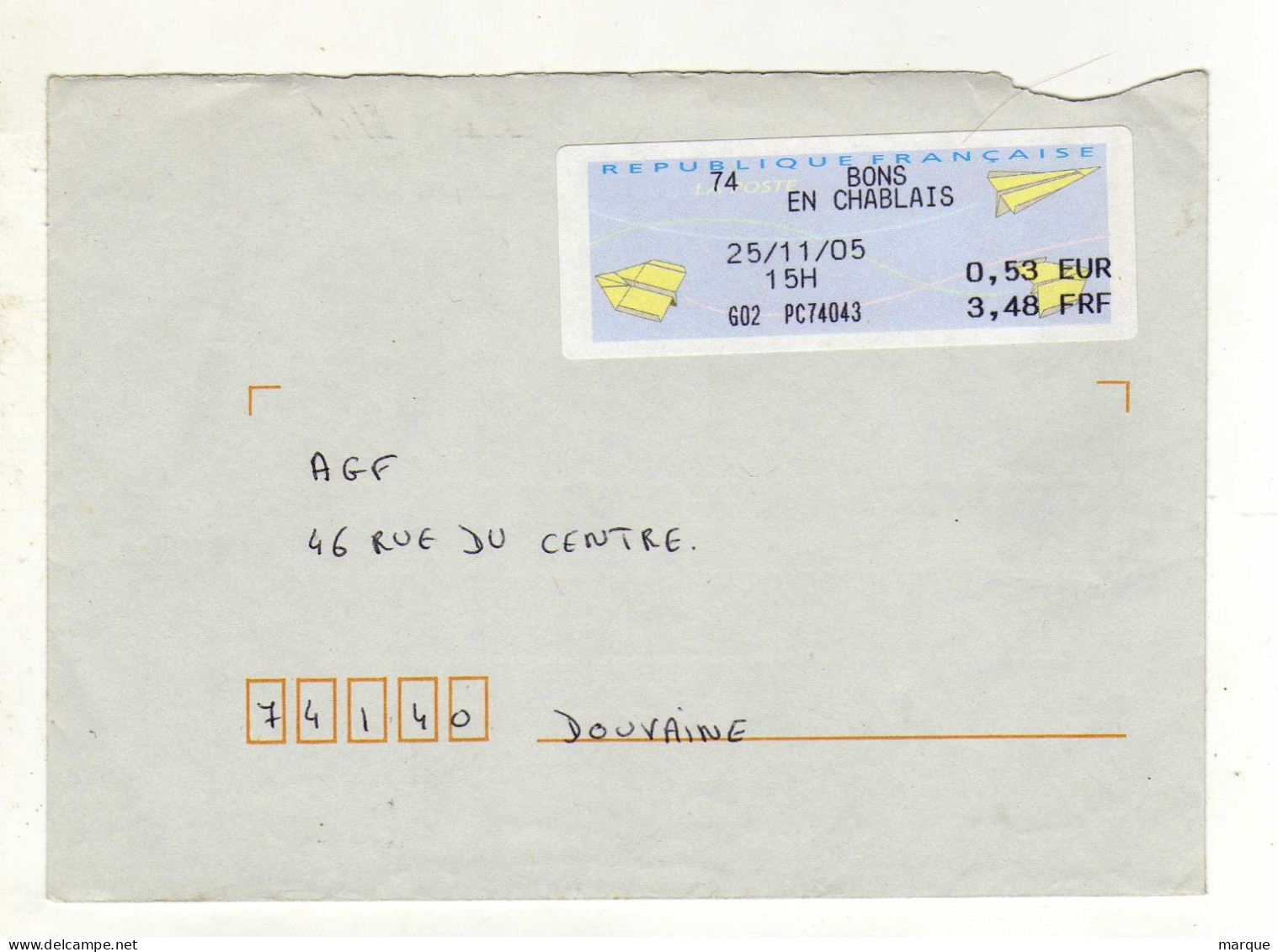 Enveloppe FRANCE Avec Vignette Affranchissement Oblitération BONS EN CHABLAIS 25/11/2005 - 2000 Type « Avions En Papier »