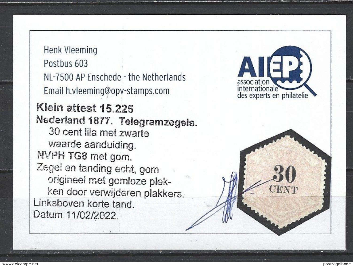 NVPH Nederland Netherlands Pays Bas Niederlande Holanda 8 MLH ; Telegram, Telegramme, Telegrama 1877 + CERTIFICATE - Telegramzegels