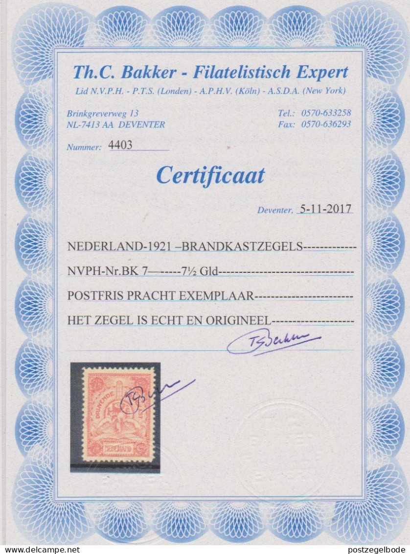 NVPH Nederland Netherlands Pays Bas Niederlande Holanda 7 MNH ; Brandkastzegel 1921 + CERTIFICATE - Telegramzegels