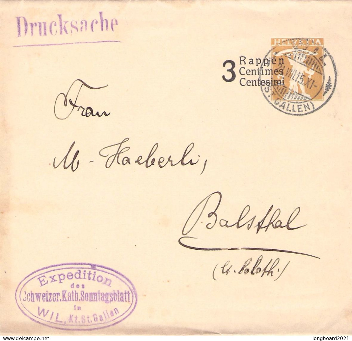 SUISSE - STREIFBAND 3 RAPPEN 1915 WIL - BALSTHAL Mi S27 / 2093 - Entiers Postaux