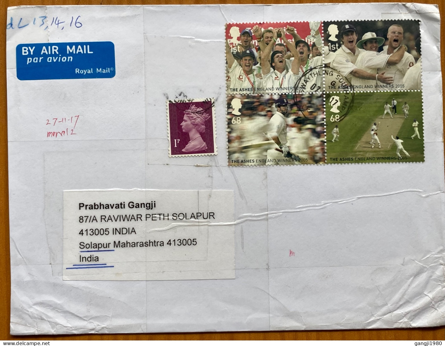 GREAT BRITAIN 2017, COVER USED TO INDIA, ASHES CRICKET ENGLAND WINNER 2005, 4 DIFF STAMP QUEEN, SWAYTHLING SOUTHAMPTON C - Cartas & Documentos