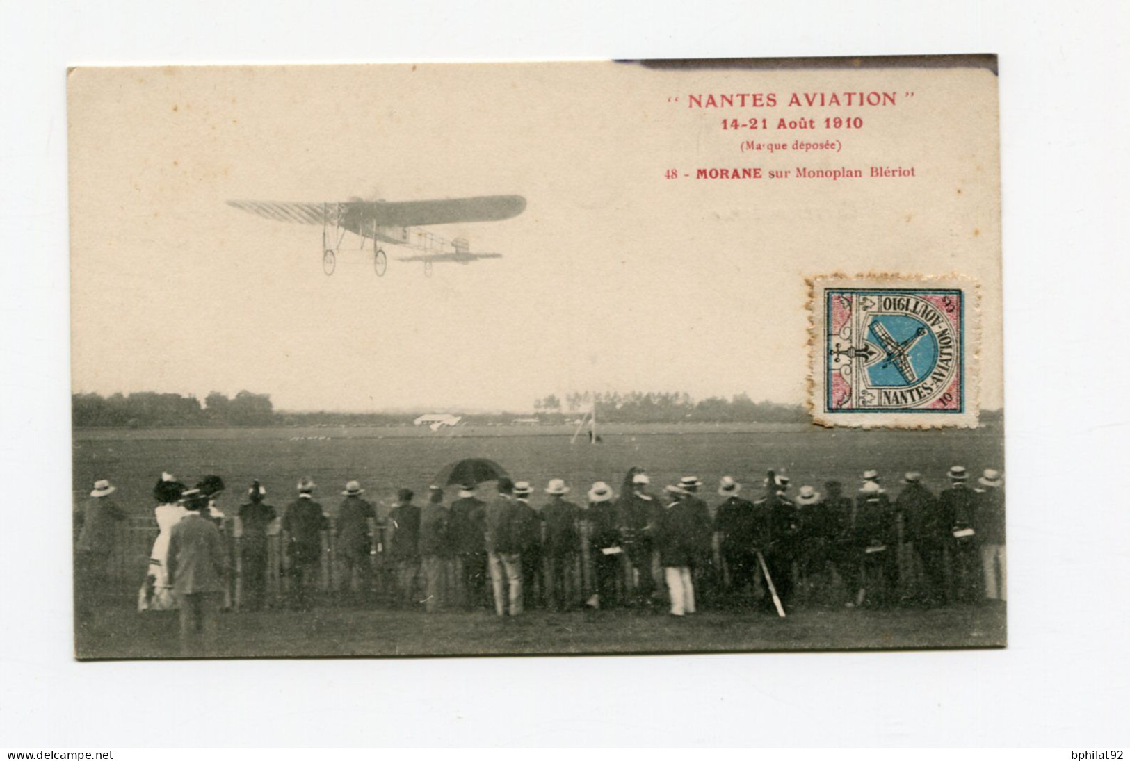 !!! CPA DE NANTES AVIATION DE 1910, PLAN ANIME. AVEC VIGNETTE DU MEETING - Aviation