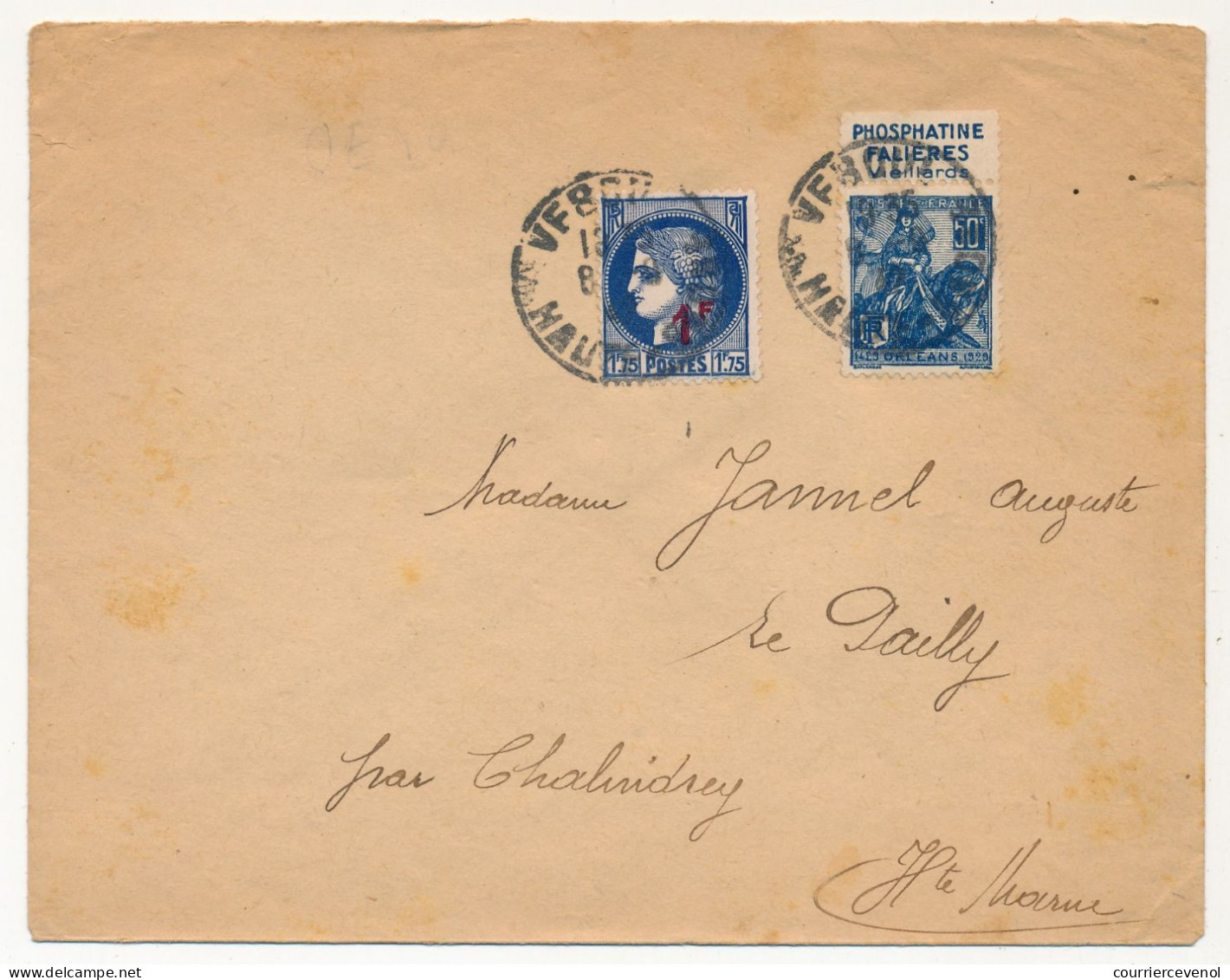 FRANCE - Env. Affr 50c Jeanne D'Arc Avec Bandelette Phosphatine Falières Vieillards + IF Cérès - Briefe U. Dokumente