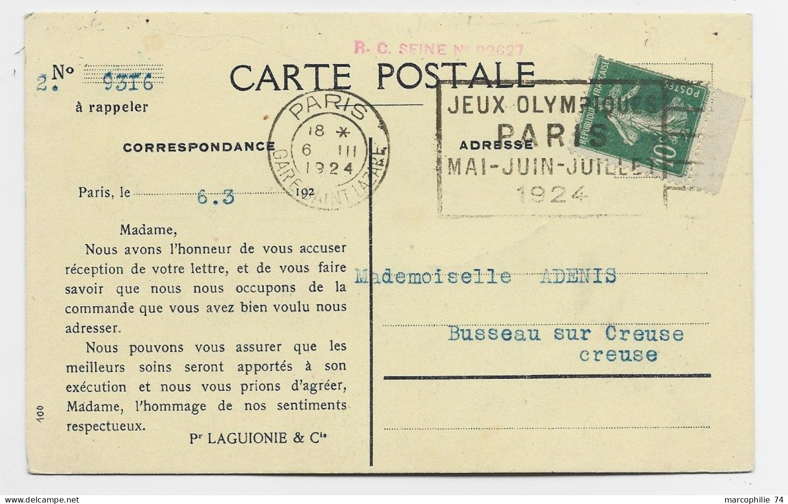 FRANCE SEMEUSE 10C VERT CARTE MAGASINS PRINTEMPS MEC FLIER JEUX OLYMPIQUES PARIS 6.III.1924 GARE SAINT LAZARE - Zomer 1924: Parijs