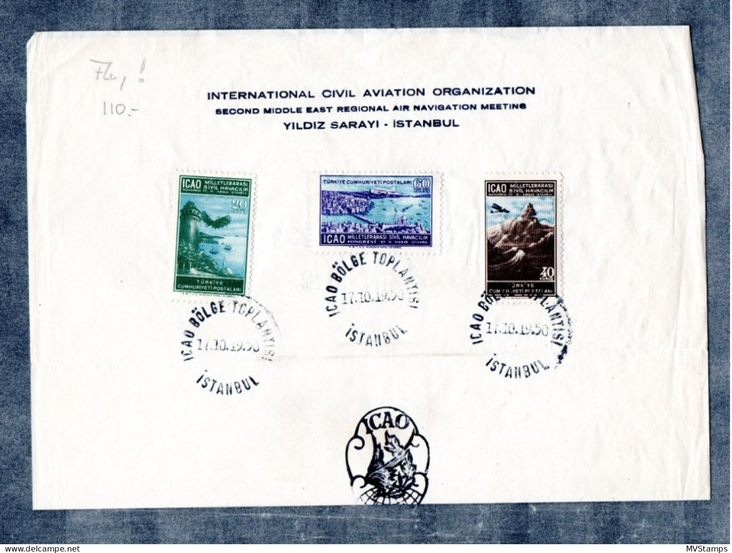 Turkey 1950 Set Airmail/ICAO Stamps  (Michel 1261/63) Nice Used FDC On Folder - Luchtpost