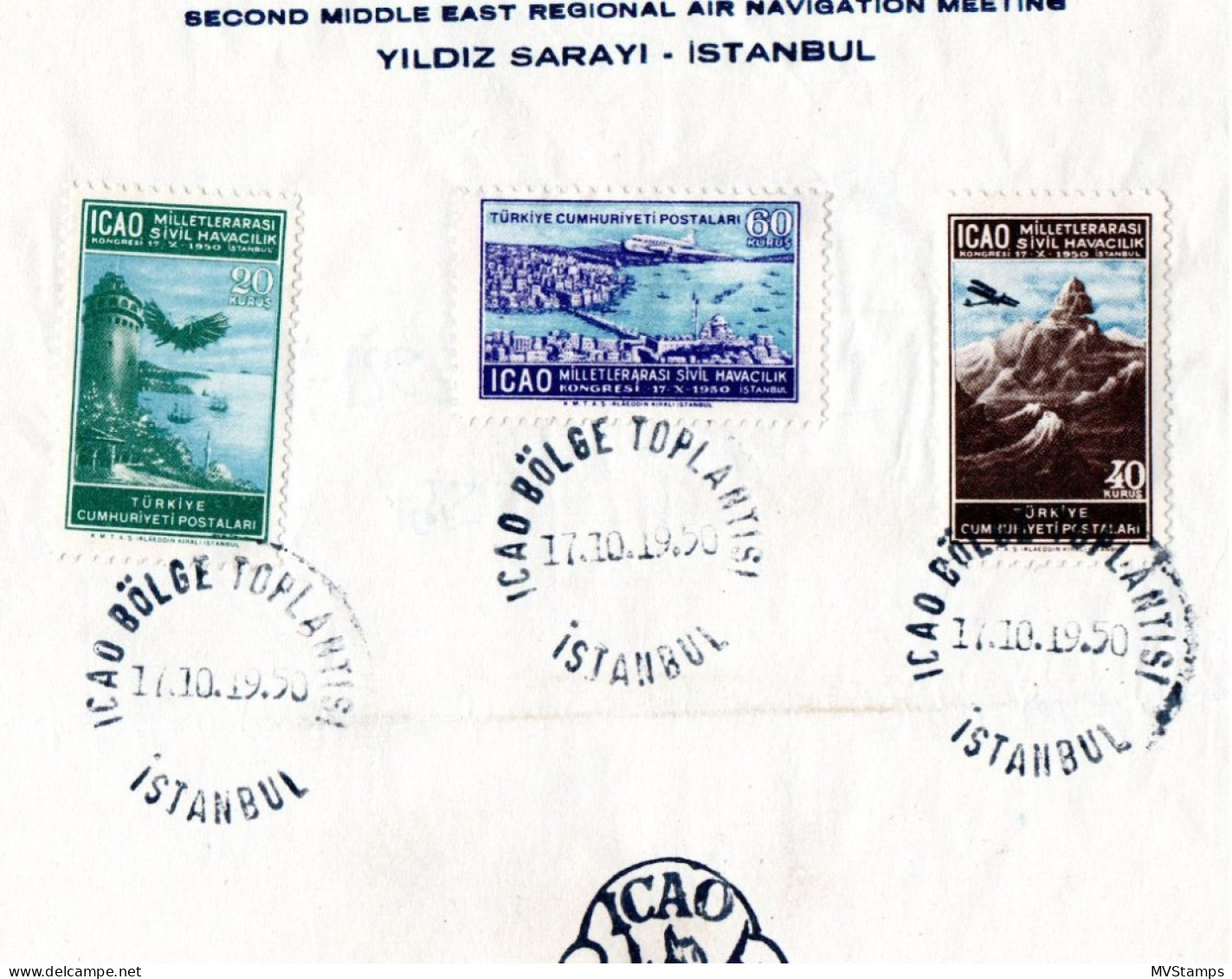 Turkey 1950 Set Airmail/ICAO Stamps  (Michel 1261/63) Nice Used FDC On Folder - Poste Aérienne