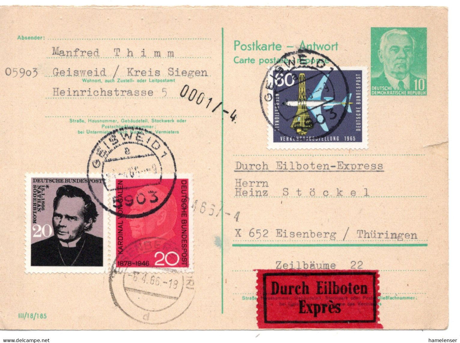 69200 - Bund - 1965 - DDR 10Pfg GAAntwKte AntwTeil M Bund-ZusFrank Als EilKte GEISWEID -> EISENBERG (DDR) - Cartas & Documentos