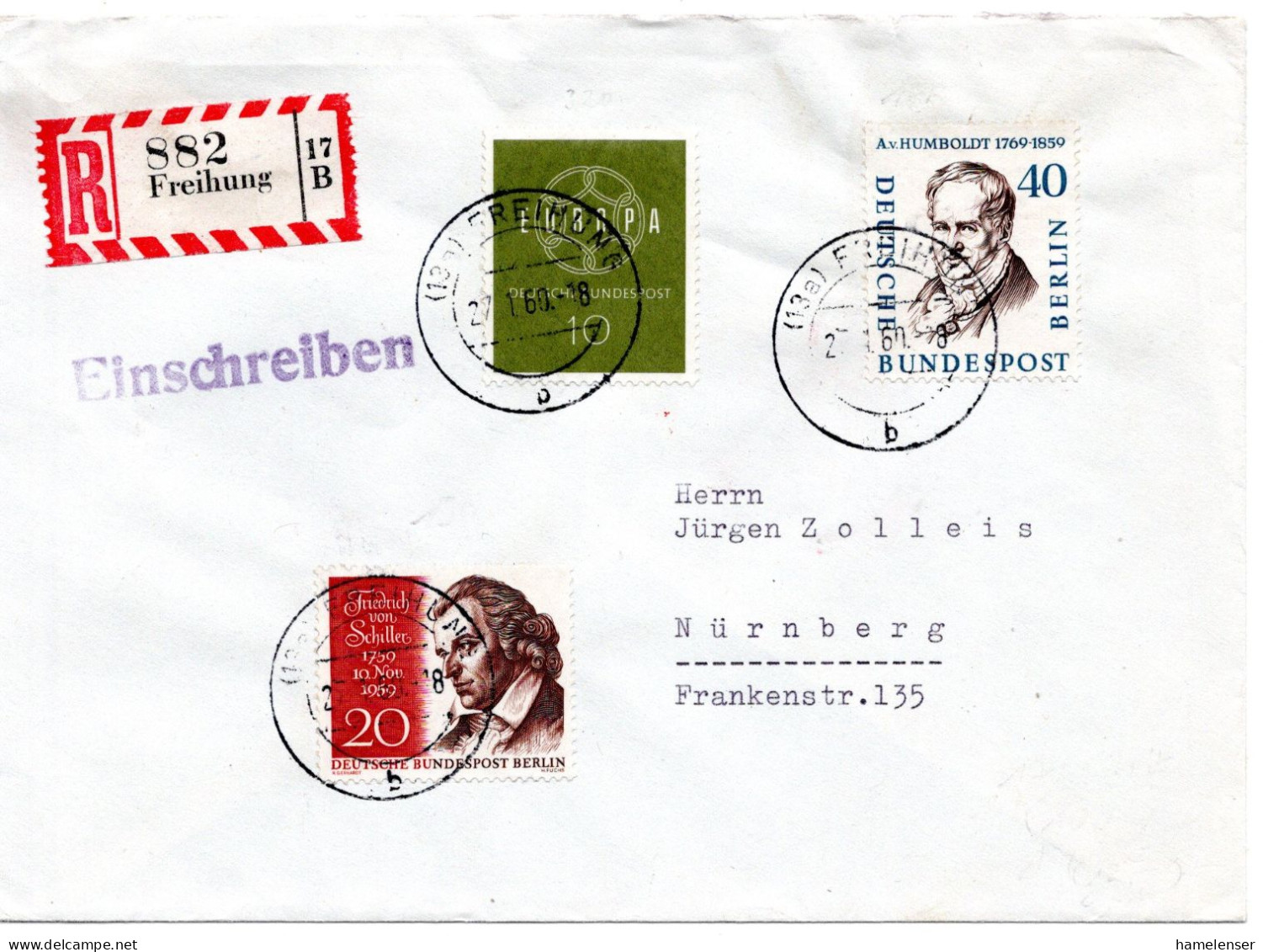 69202 - Berlin - 1960 - 40Pfg Humboldt MiF A R-Bf FREIHUNG -> Nuernberg - Brieven En Documenten