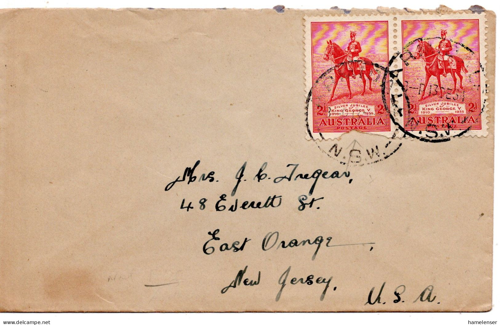 69205 - Australien - 1934 - 2@2d KGV Silberjubilaeum (1 Mgl) A Bf ARINDALE NSW -> East Orange, NJ (USA) - Covers & Documents