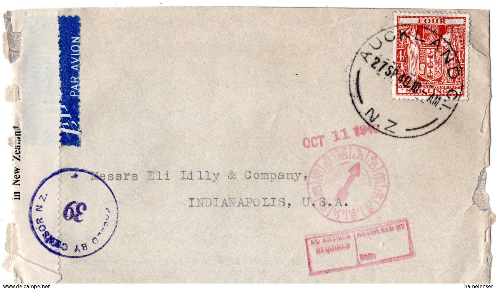 69209 - Neuseeland - 1940 - 4'- Fiskalmke EF A LpBf M NZ-Zensur AUCKLAND -> Indianapolis, IN (USA) - Lettres & Documents