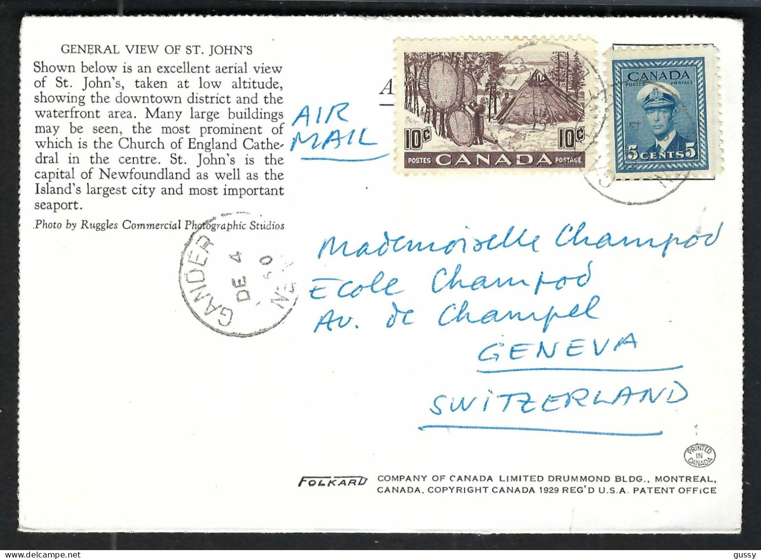 CANADA P.A. 1950: CP Ill. De Gander (Terre-Neuve) Pour Genève (GE, Suisse) - Luftpost