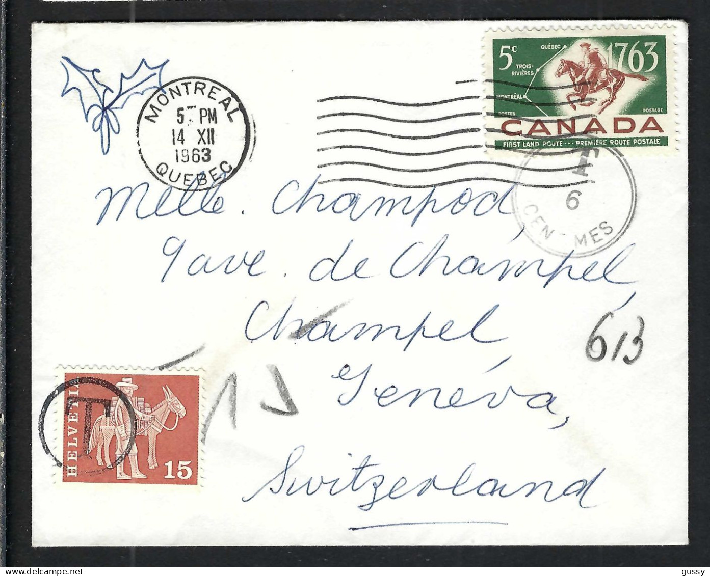 CANADA P.A. 1963: LSC Ill. De Montréal (Québec) Pour Genève (GE, Suisse), Taxée 15c - Luftpost