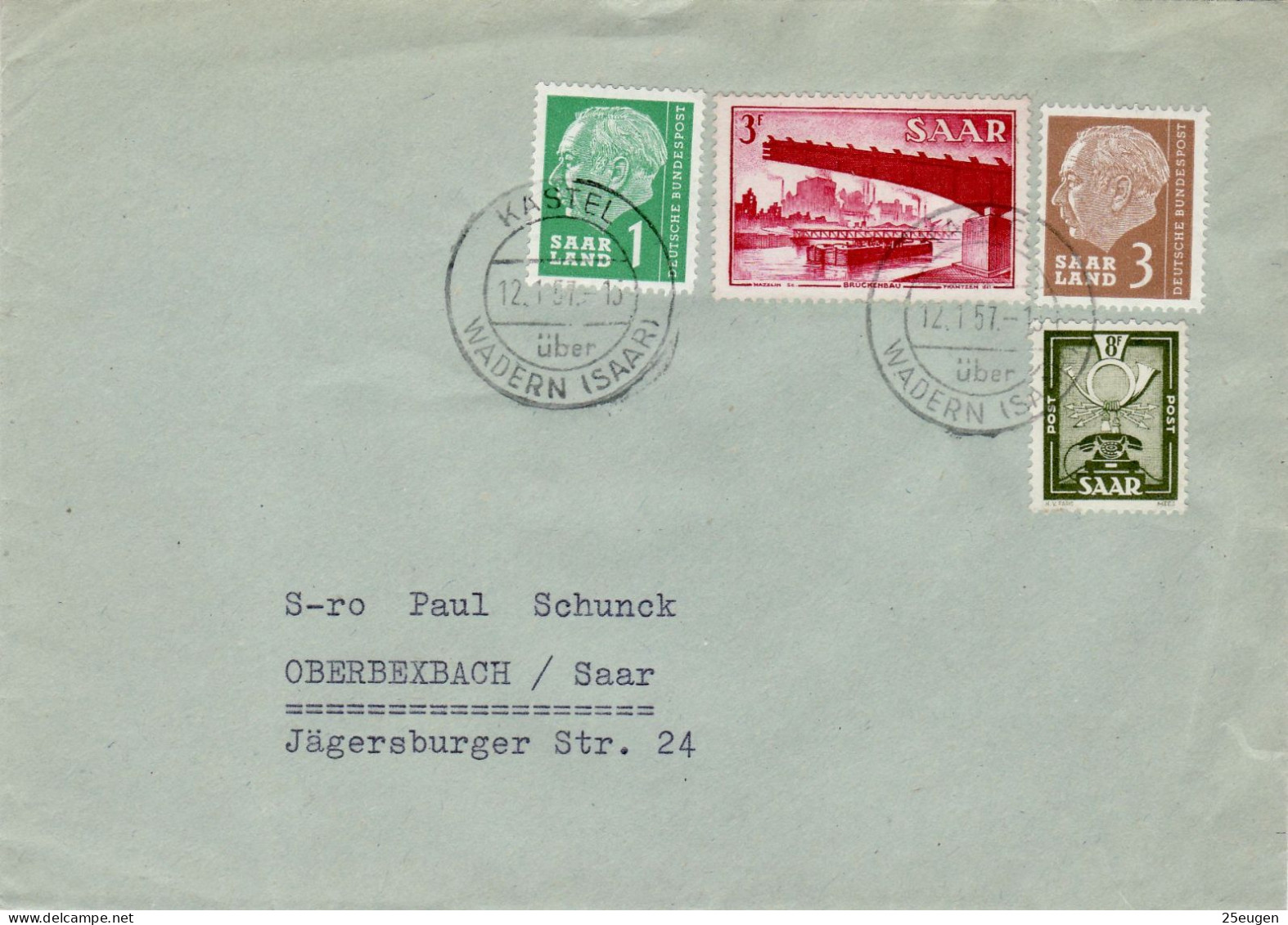 SAAR 1957  Letter Sent From KASTEL To OBERBEXBACH - Briefe U. Dokumente