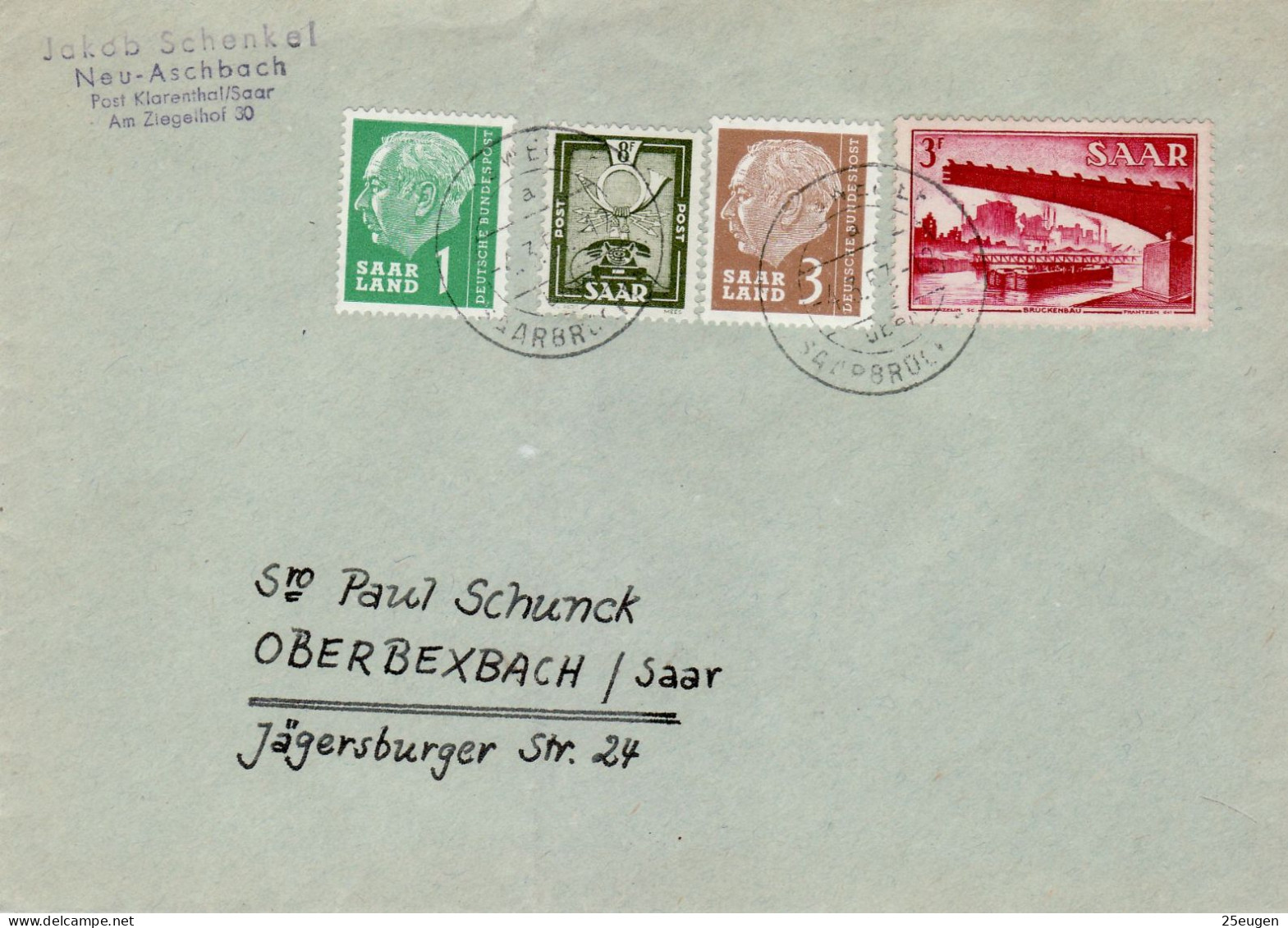 SAAR 1957  Letter Sent From KASTEL To OBERBEXBACH - Brieven En Documenten