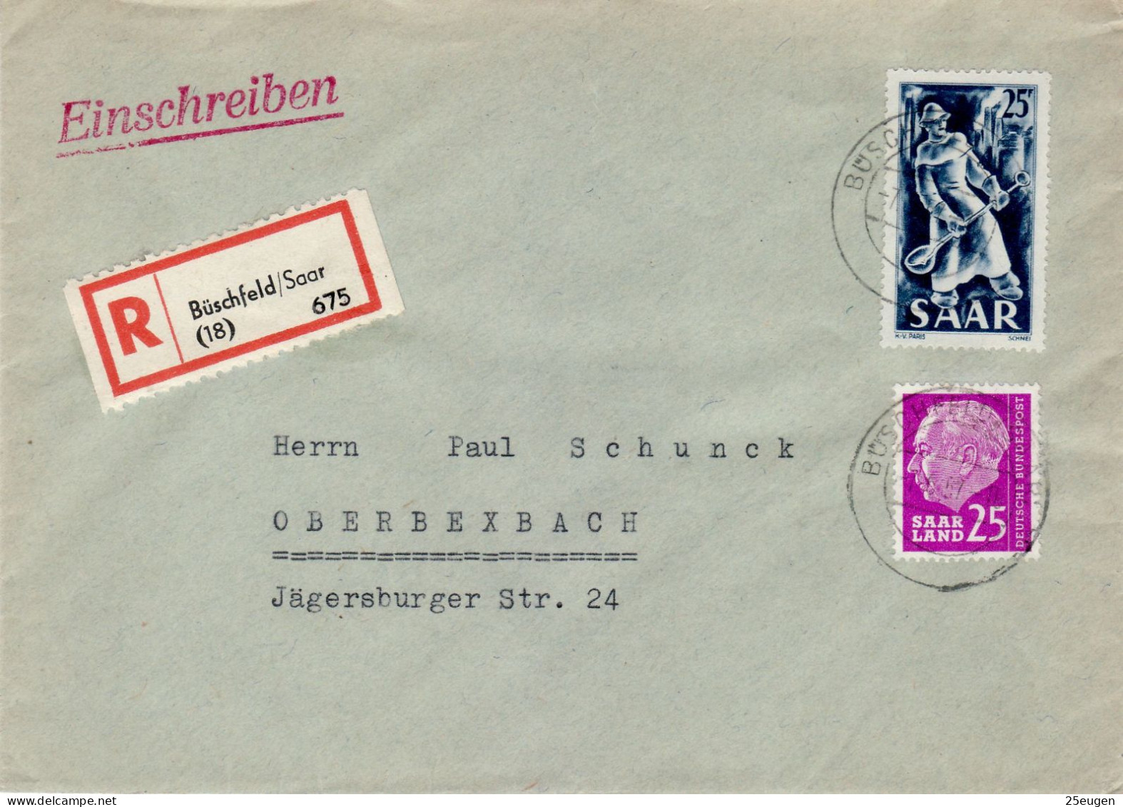 SAAR 1957  R - Letter Sent From BUESCHFELD To OBERBEXBACH - Briefe U. Dokumente