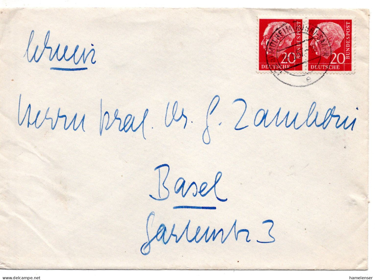 69211 - Bund - 1957 - 20Pfg Heuss I Waag Paar A Bf MUELHEIM -> Schweiz - Cartas & Documentos