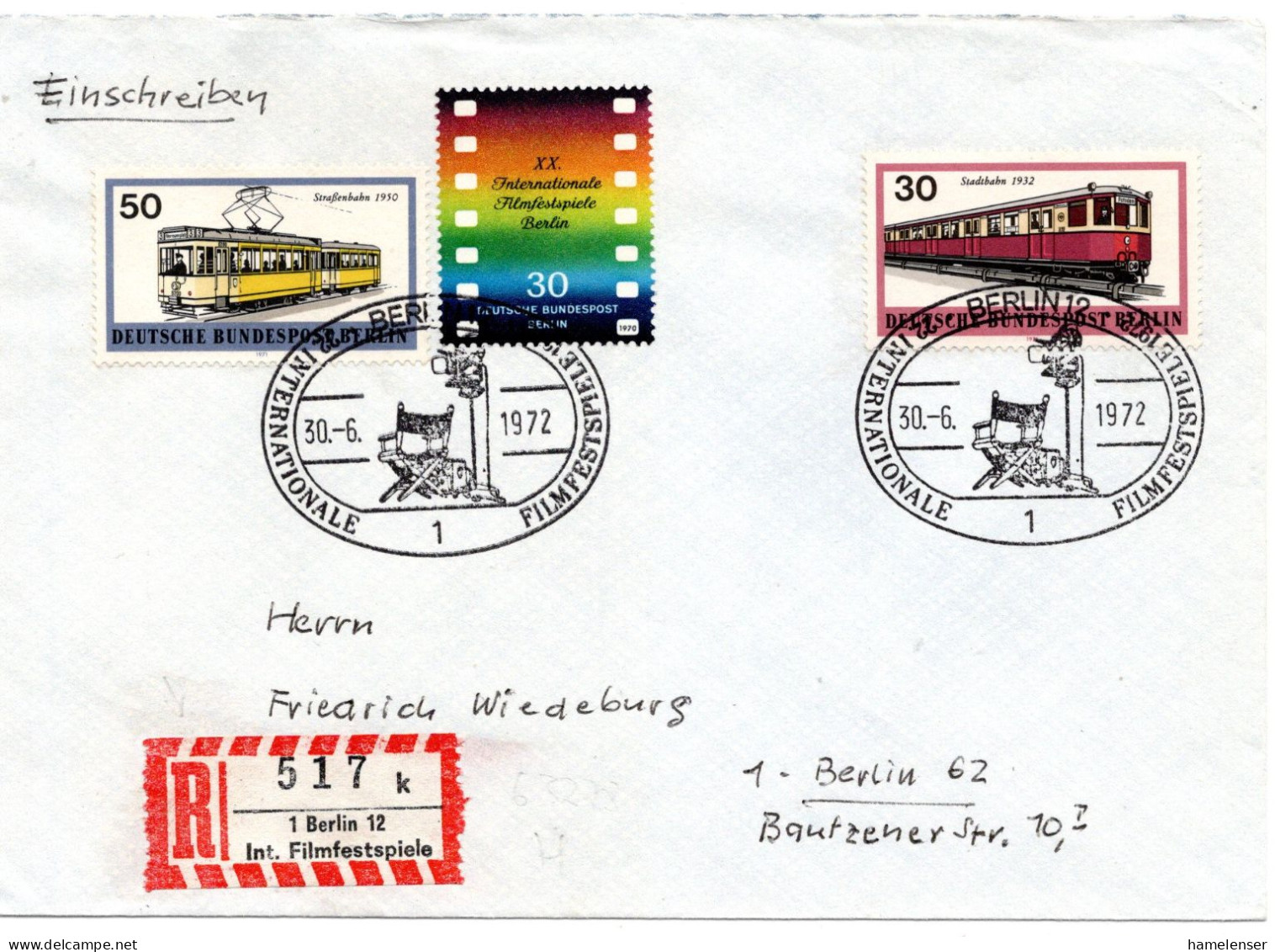 69213 - Berlin - 1972 - 50Pfg Strassenbahn MiF A OrtsR-Bf SoStpl BERLIN - 22. INTERNATIONALE FILMFESTSPIELE - Cinéma