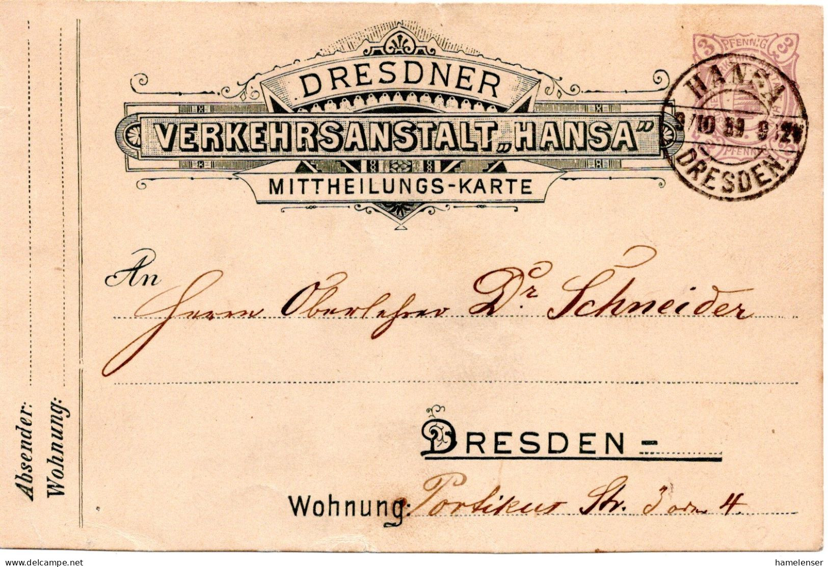 69220 - Deutsches Reich / Privatpost / Hansa Dresden - 1889 - 3Pfg GAKte HANSA DRESDEN - Privatpost