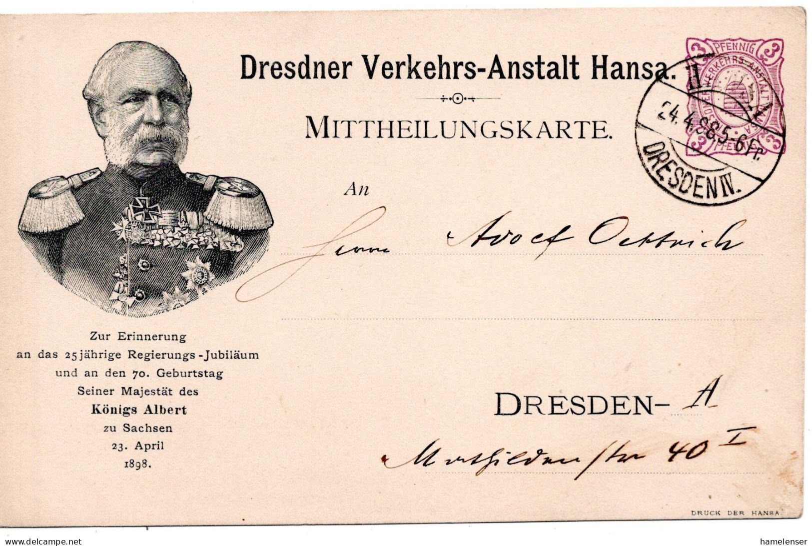 69221 - Deutsches Reich / Privatpost / Hansa Dresden - 1898 - 3Pfg GASoKte "Koenig Albert" HANSA DRESDEN - Private & Local Mails