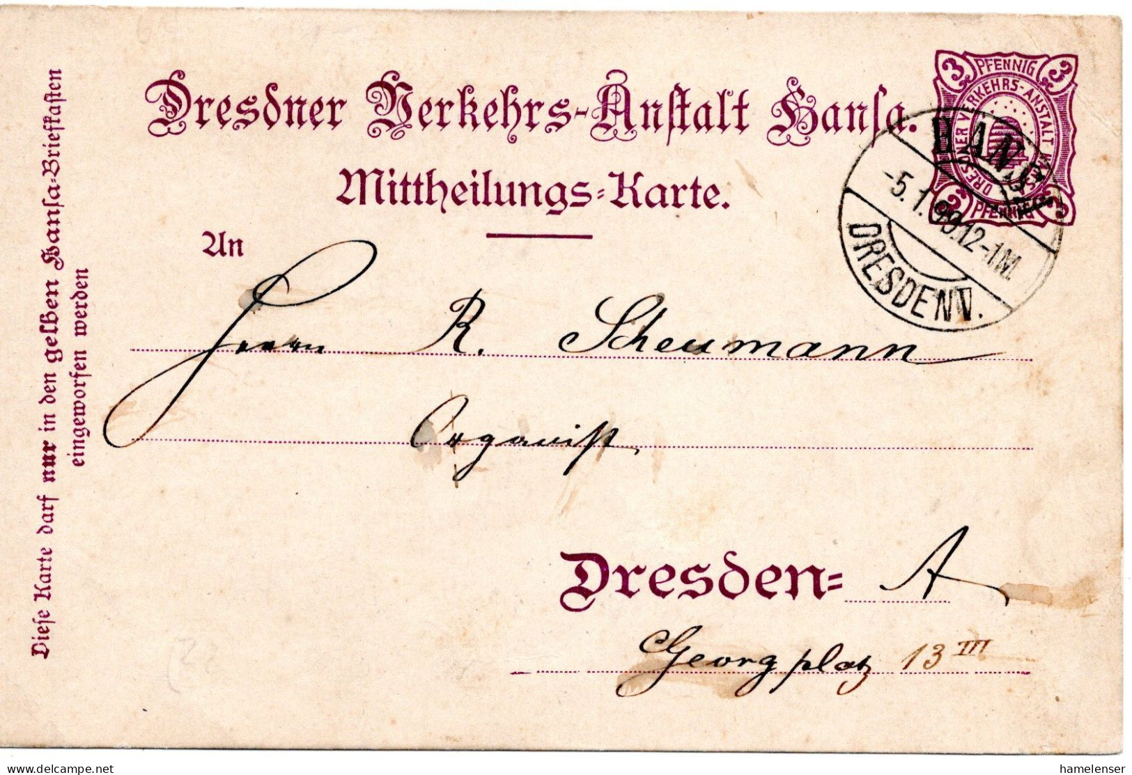 69222 - Deutsches Reich / Privatpost / Hansa Dresden - 1898 - 3Pfg GAKte HANSA DRESDEN - Private & Lokale Post