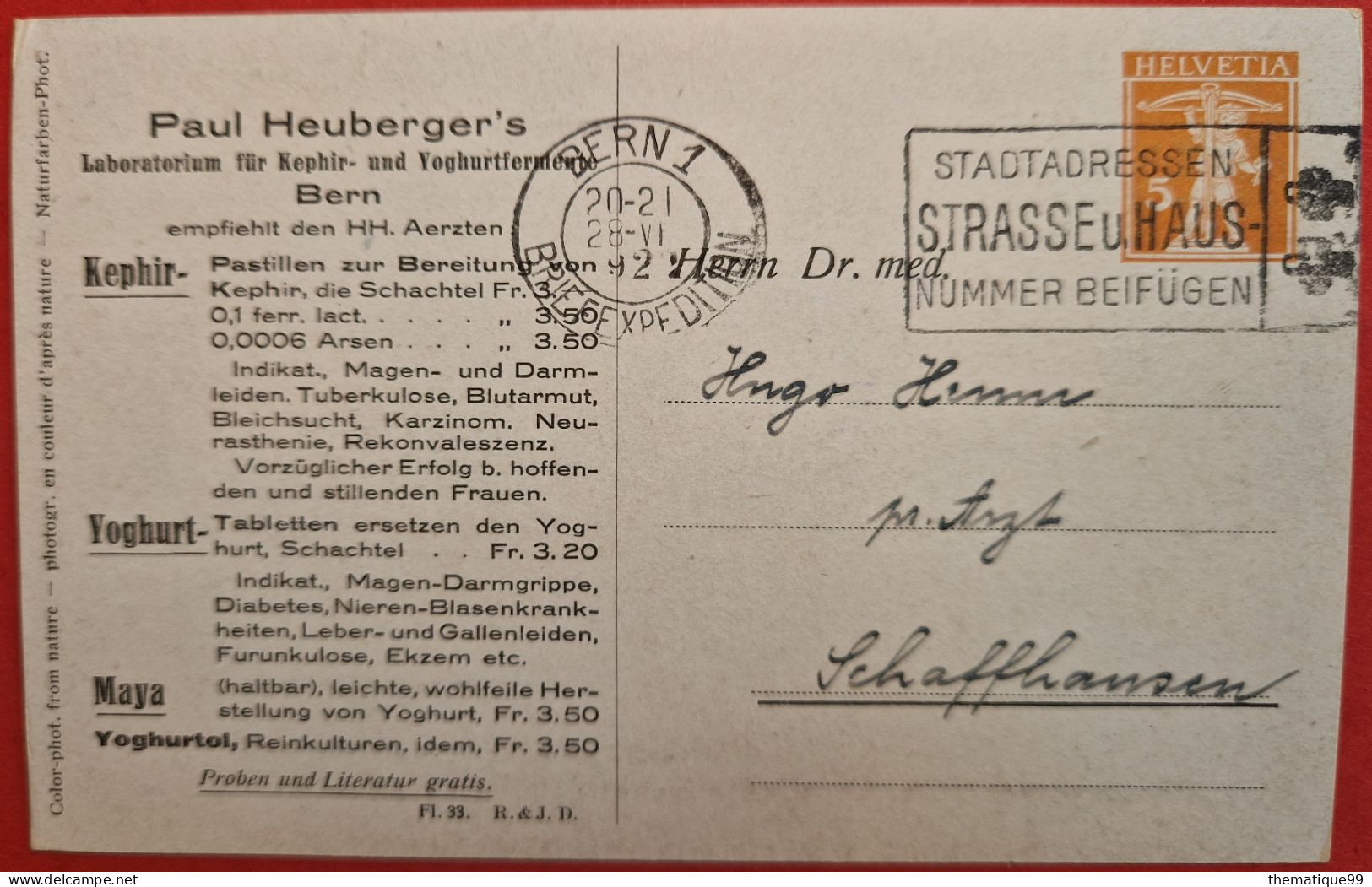 Entier Postal Suisse Timbré Sur Commande (1922) Thème Rose, Yoghurt, Sang, Diabète, Maladies ... - Rozen