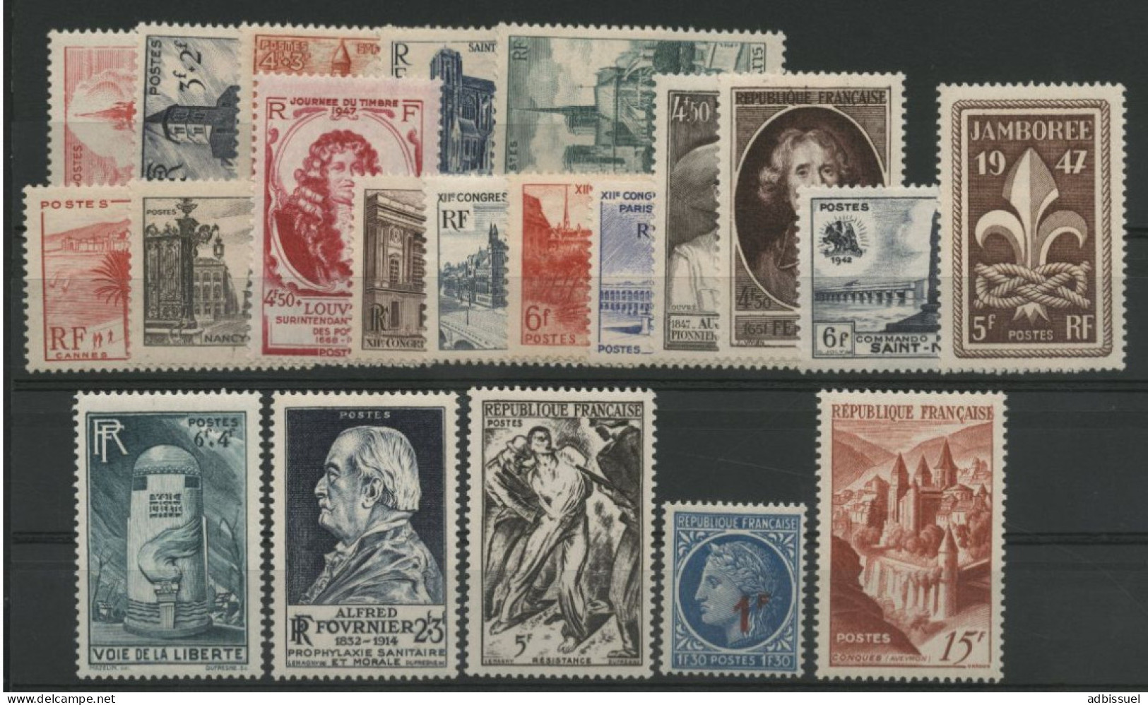 1947 ANNEE COMPLETE NEUVE SANS CHARNIERE ** (MNH) Cote 33 € N° 772 à 792 Soit 21 Timbres. TB - 1940-1949