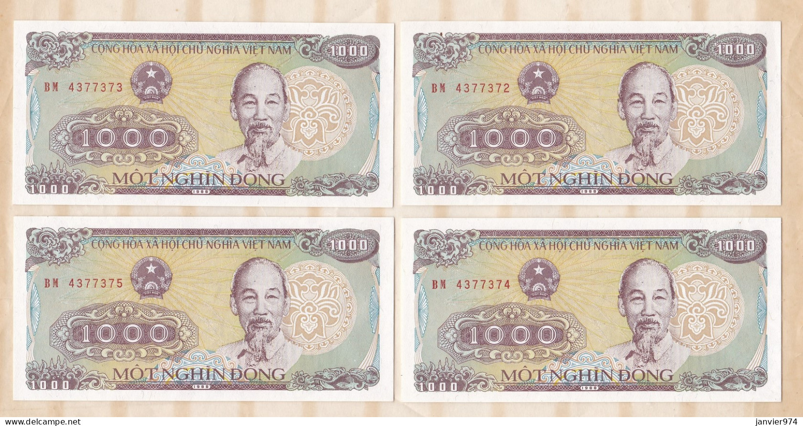 Vietnam 4 Billets 1000 Dong 1988 , Numéro Qui Se Suive BM 4377372, BM 4377373, BM 4377374, BM 4377375, UNC - Vietnam