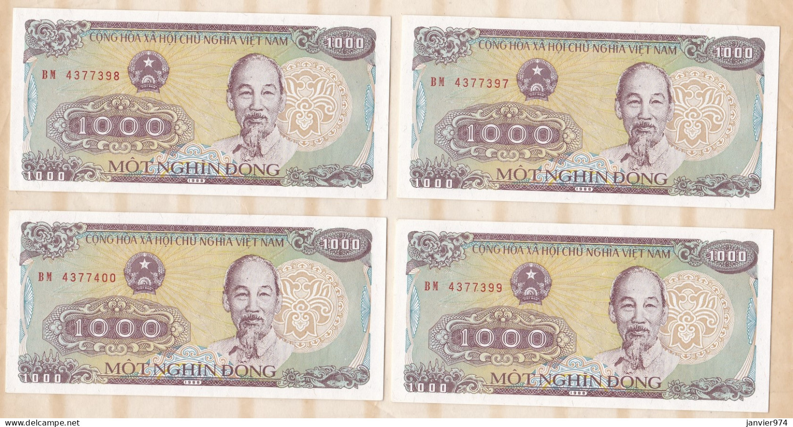 Vietnam 4 Billets 1000 Dong 1988 , Numéro Qui Se Suive BM 4377397, BM 4377398, BM 4377399, BM 4377400, UNC - Viêt-Nam