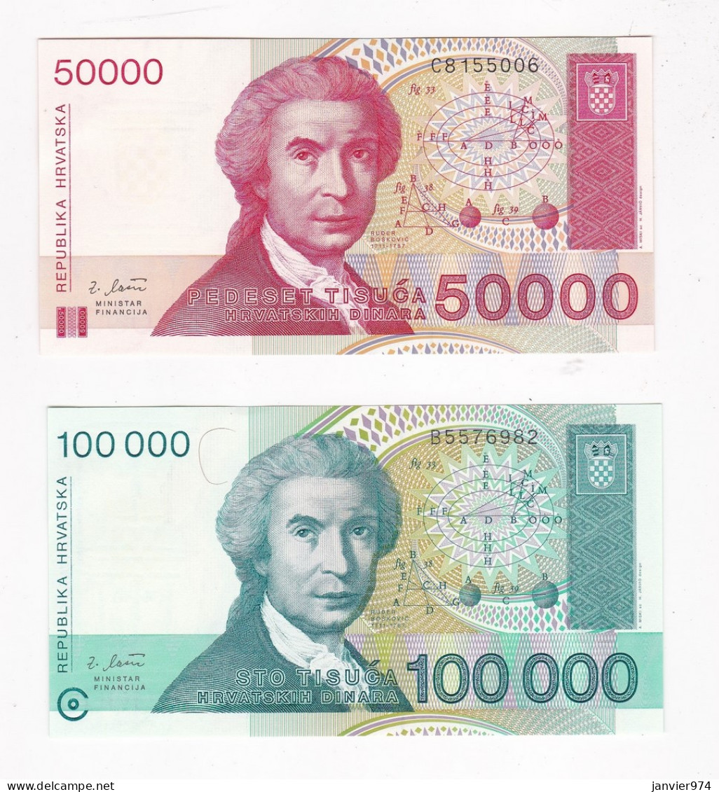 Croatie 2 Billets Neufs De 50000 Et 100000 Dinara 1993 , UNC  - Croazia