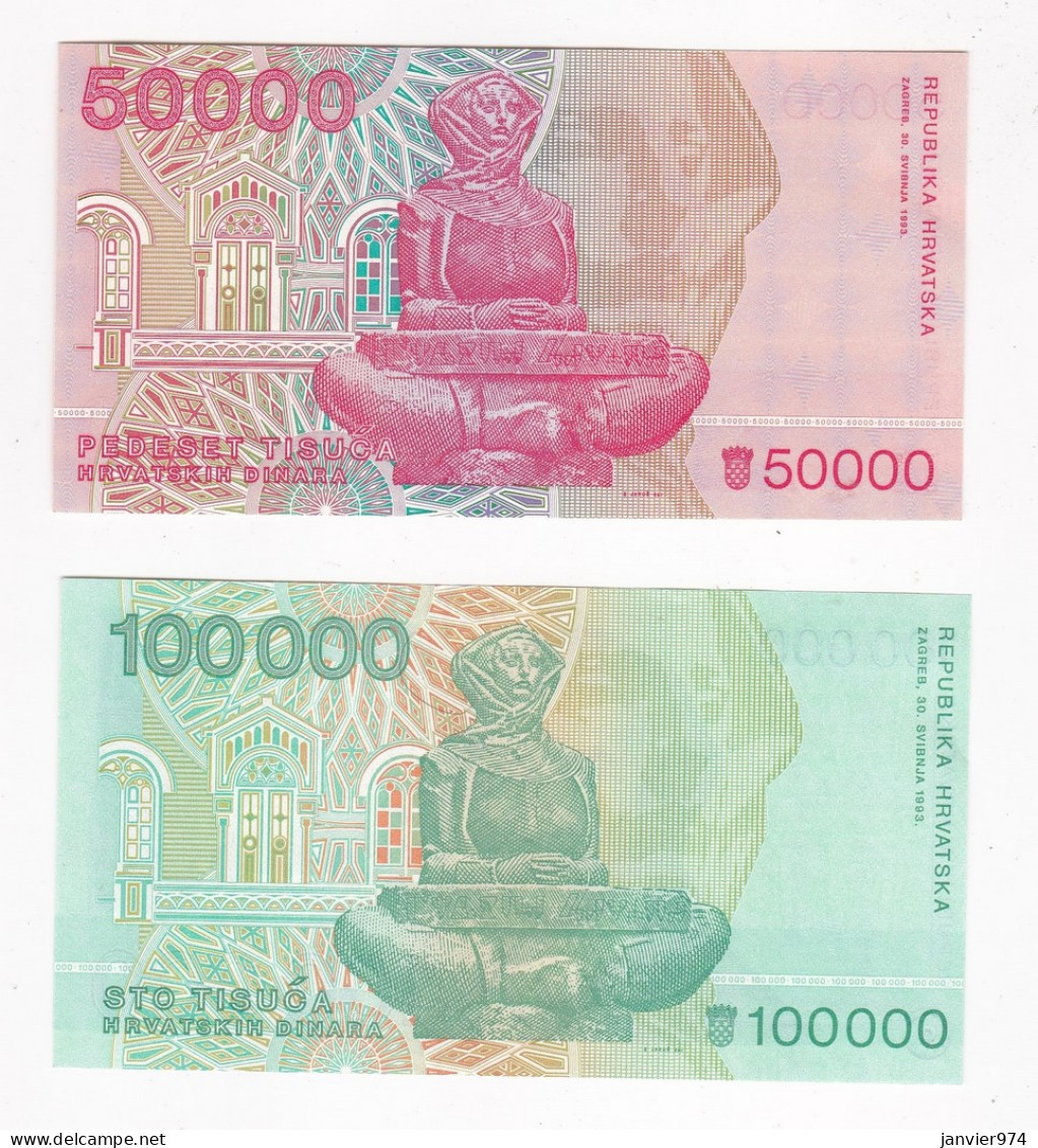 Croatie 2 Billets Neufs De 50000 Et 100000 Dinara 1993 , UNC  - Croacia