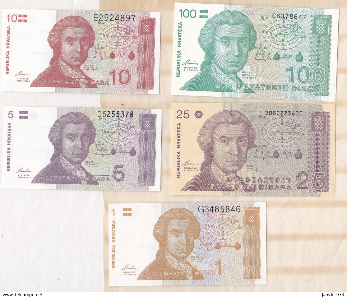 Croatie 5 Billets Neufs De 1991,  1 Dinar -  5, 10, 25 Et 100  Dinara  , UNC  - Croatie