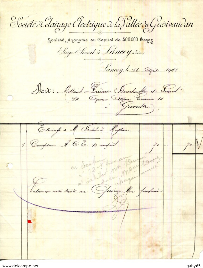 FACTURE.38.ISERE.LANCEY.SOCIETE D'ECLAIRAGE ELECTRIQUE DE LA VALLÉE DU GRESIVAUDAN. - Electricité & Gaz