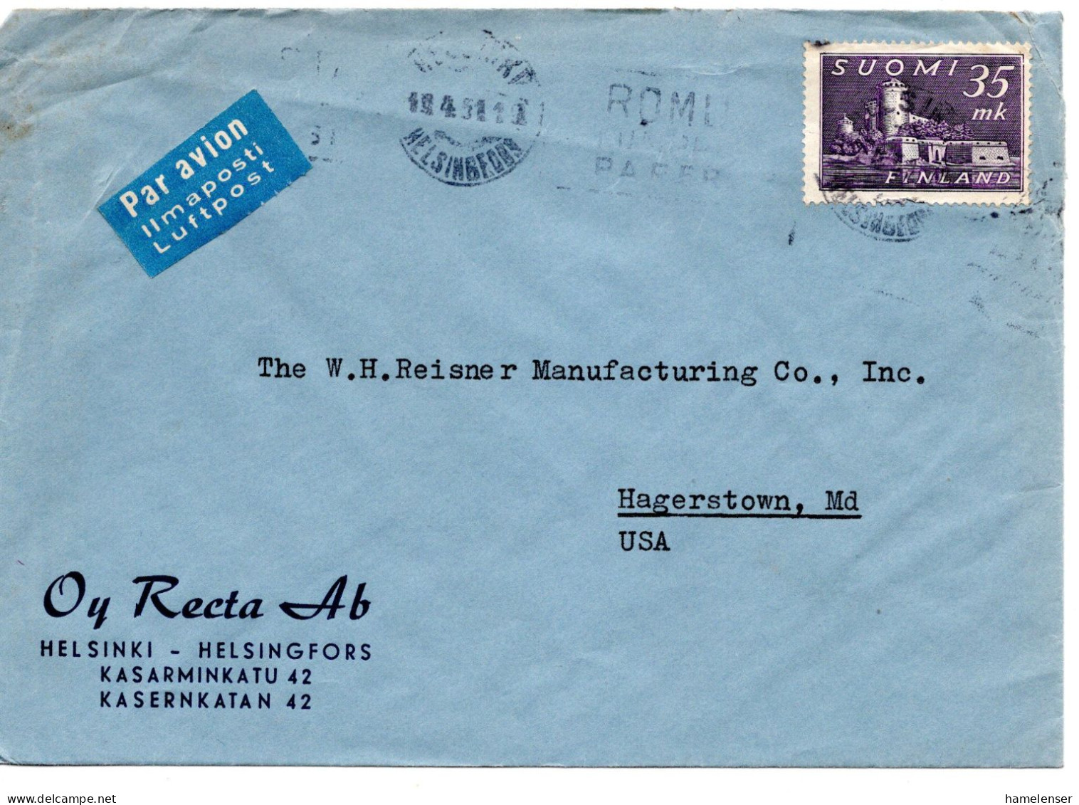 69234 - Finnland - 1951 - 35Mk EF A LpBf HELSINKI -> Hagerstown, MD (USA) - Covers & Documents