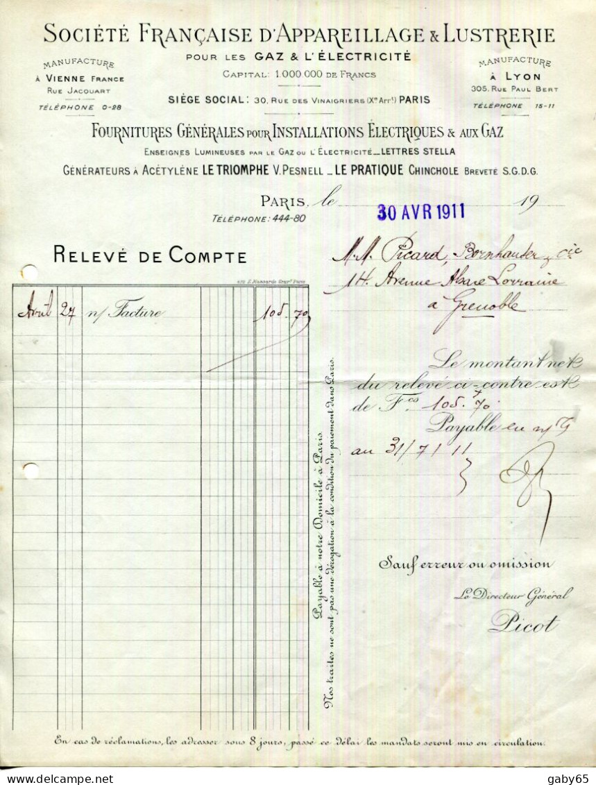 FACTURE.PARIS.SOCIETE FRANÇAISE D'APPAREILLAGE & LUSTRERIE GAZ & ELECTRICITE. - Elektrizität & Gas