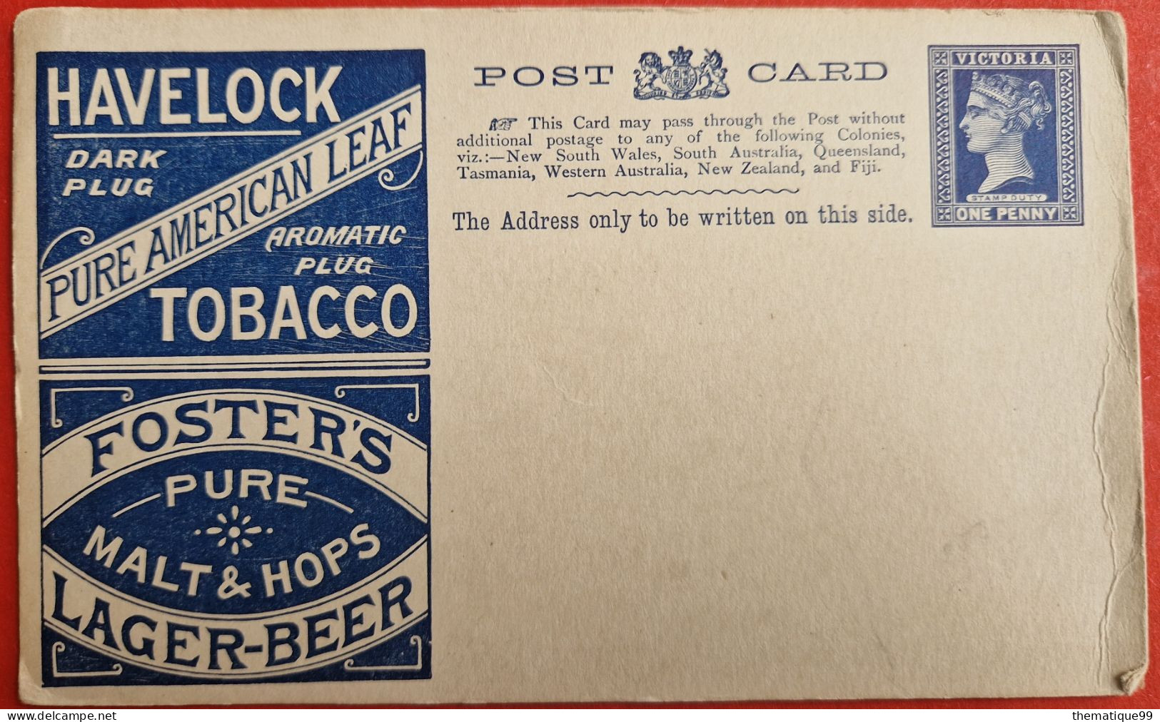 Entier Postal De Victoria - Australie (1895) Publicité Thème Tabac Bière - Vins & Alcools