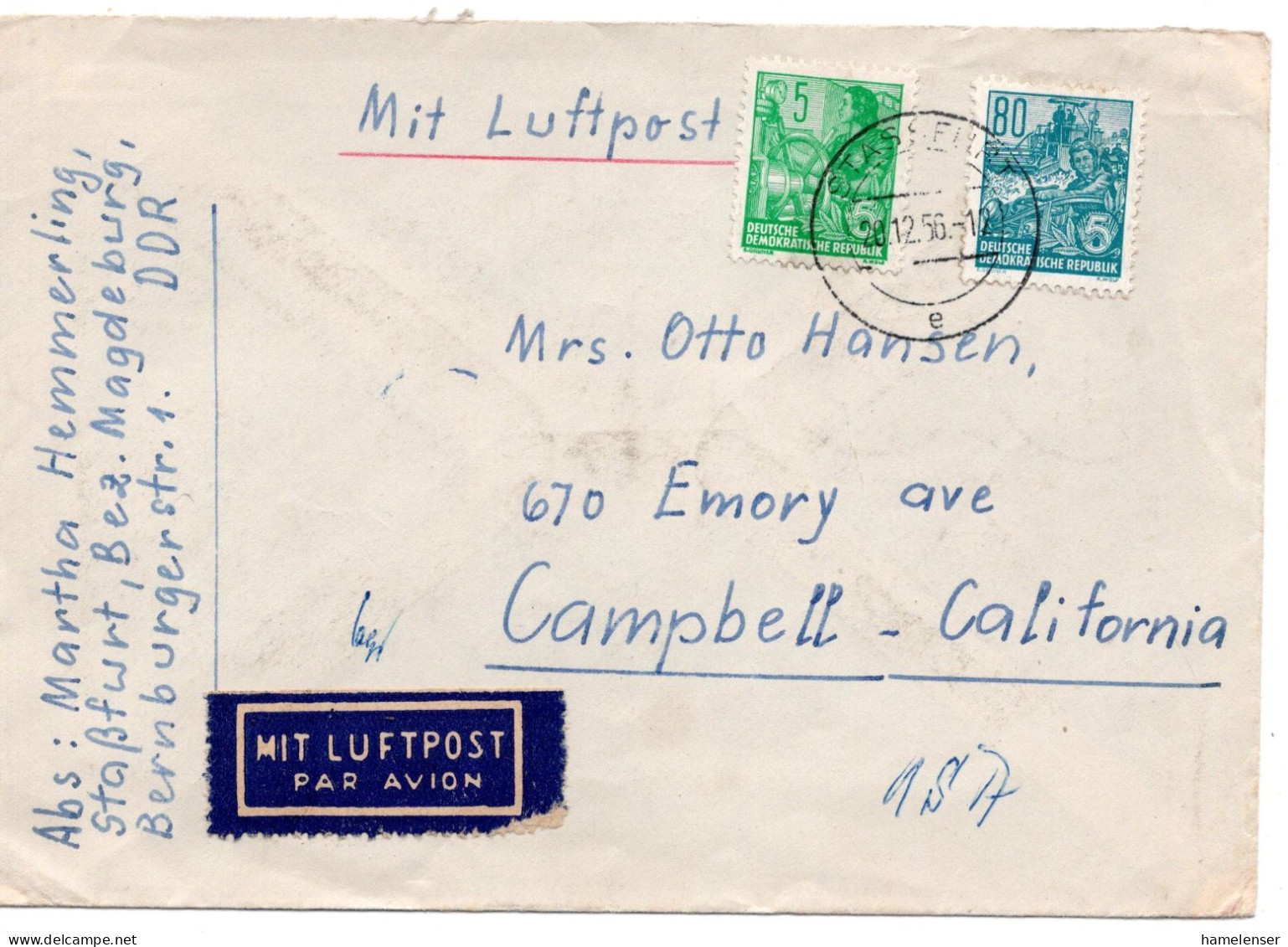 69238 - DDR - 1956 -  80Pfg Fuenfjahrplan MiF A LpBf STASSFURT -> Campbell, CA (USA) - Briefe U. Dokumente