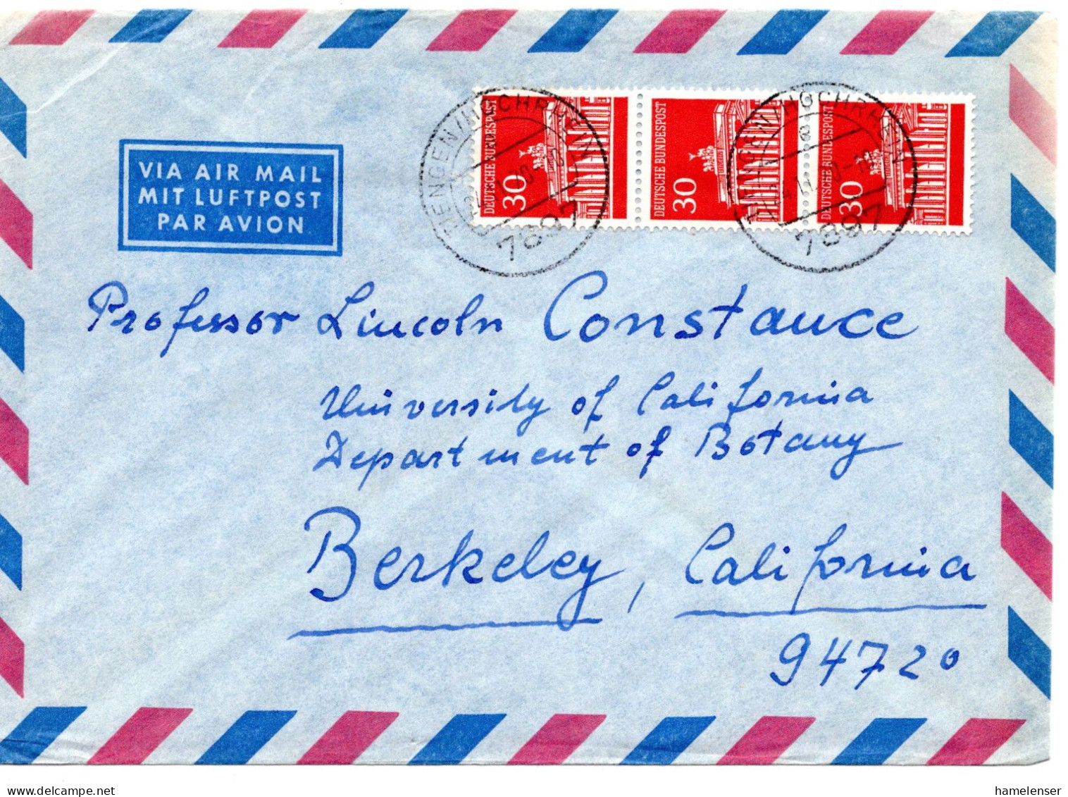 69241 - Bund - 1970 -  3@30Pfg Brandenburger Tor A LpBf TIENGEN -> Berkeley, CA (USA) - Cartas & Documentos