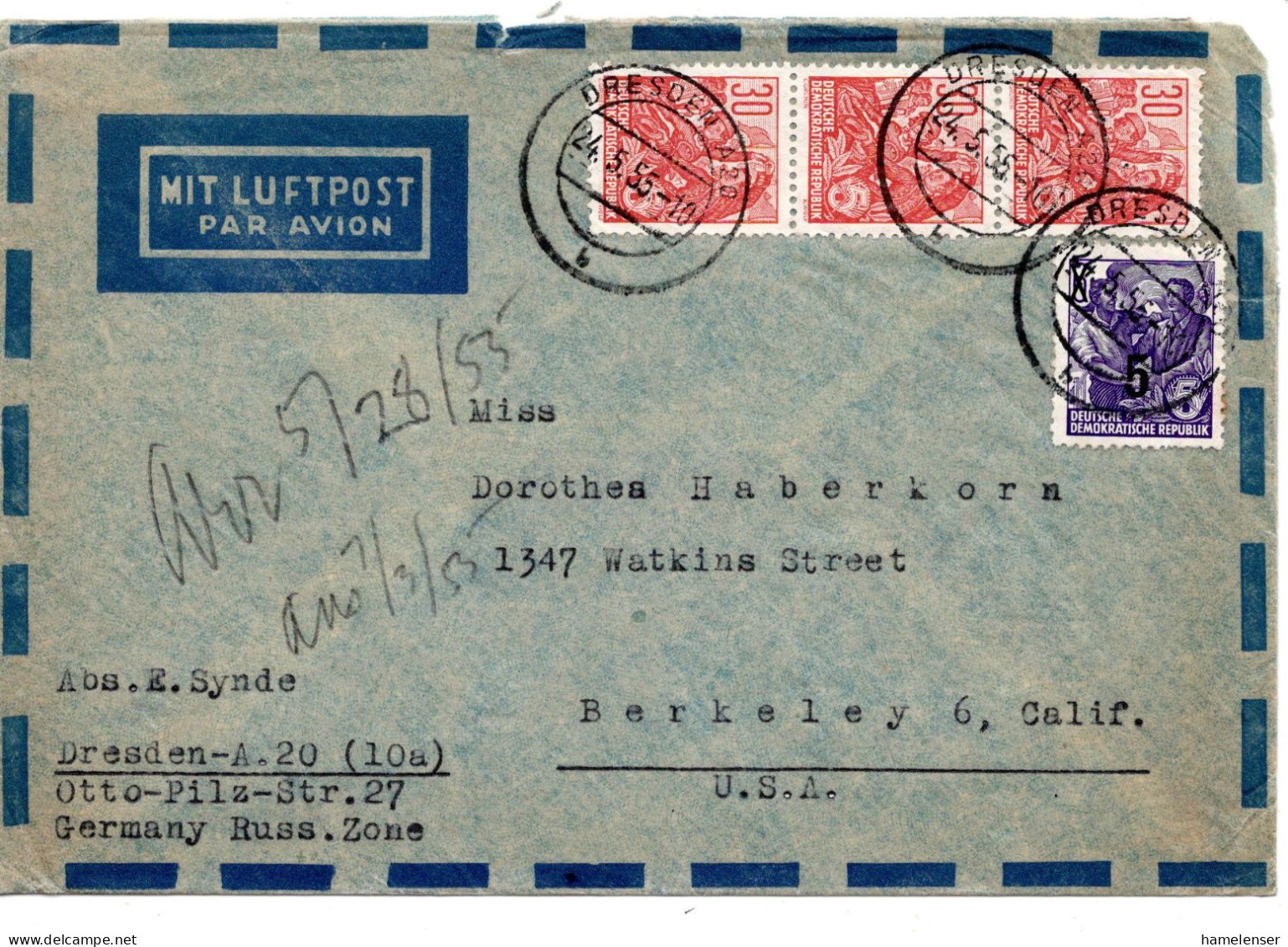 69242 - DDR - 1955 -  3@30Pfg Fuenfjahrplan MiF DRESDEN -> Berkeley, CA (USA) - Cartas & Documentos