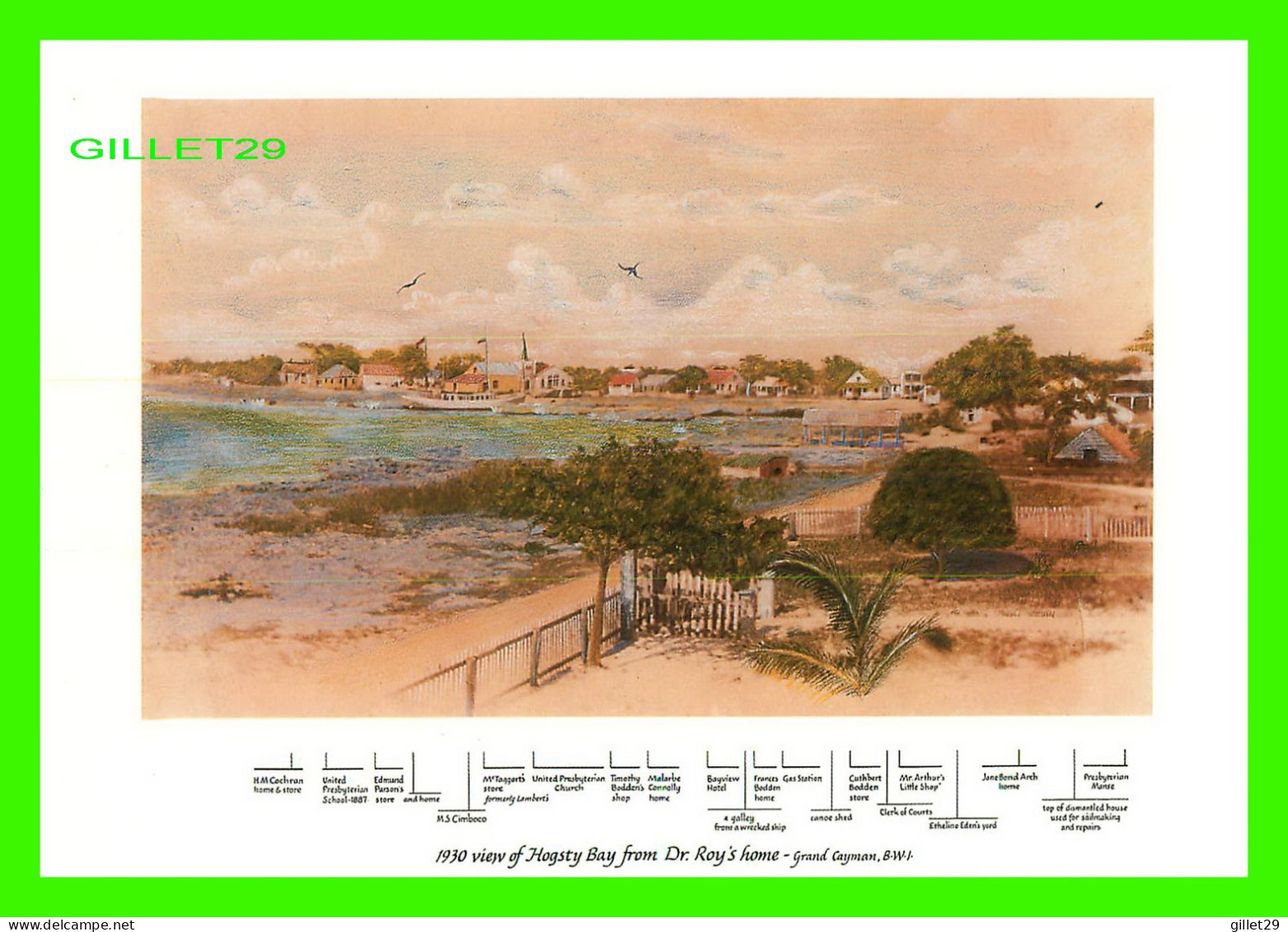 GRAND CAYMAN, B-W-I- 1930 VIEW OF HOGSTY BAY FROM DR. ROY'S HOME - MAEDAC CARDS - - Caimán (Islas)