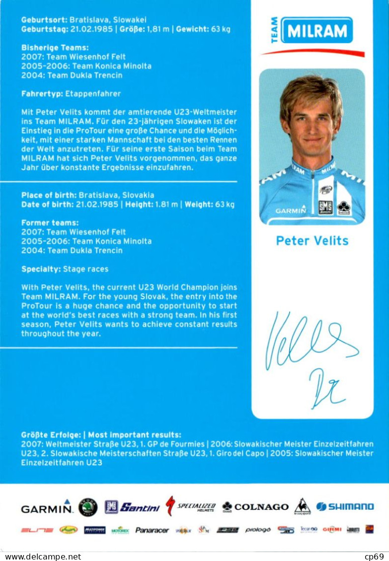 Carte Cyclisme Cycling Ciclismo サイクリング Format Cpm Equipe Cyclisme Pro Team Milram Peter Velits Slovaquie Superbe.Etat - Ciclismo