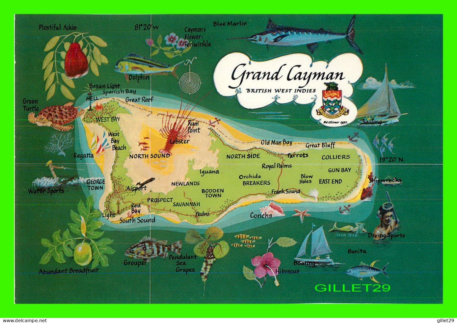 GRAND CAYMAN, B-W-I- MAP DESIGN BY ED OLIVER - CARTE GÉOGRAPHIQUE - - Cayman Islands