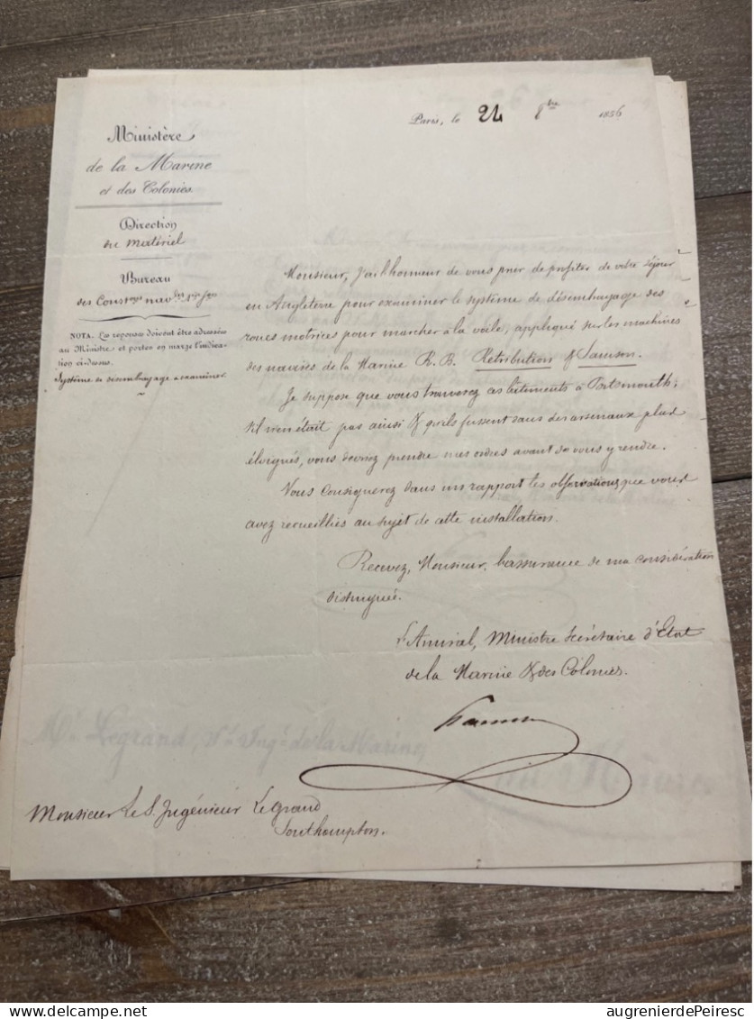 Document Concernant Les Systèmes De Desembrayage Des Roues Motrices 1856 Signé Par Le Ministre De Marine De Napoléon III - Schiffe