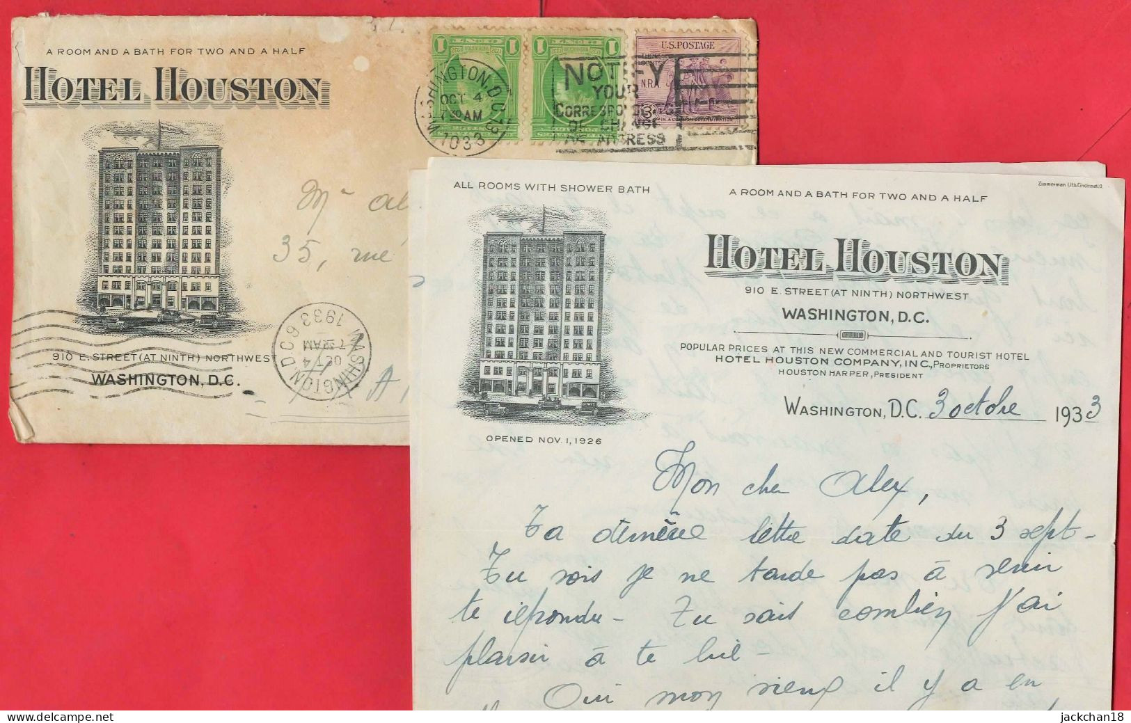 -- HÔTEL HOUSTON - WASHINGTON .D.C. / LETTRE à ENTÊTE Et La CORRESPONDANCE -- - Etats-Unis