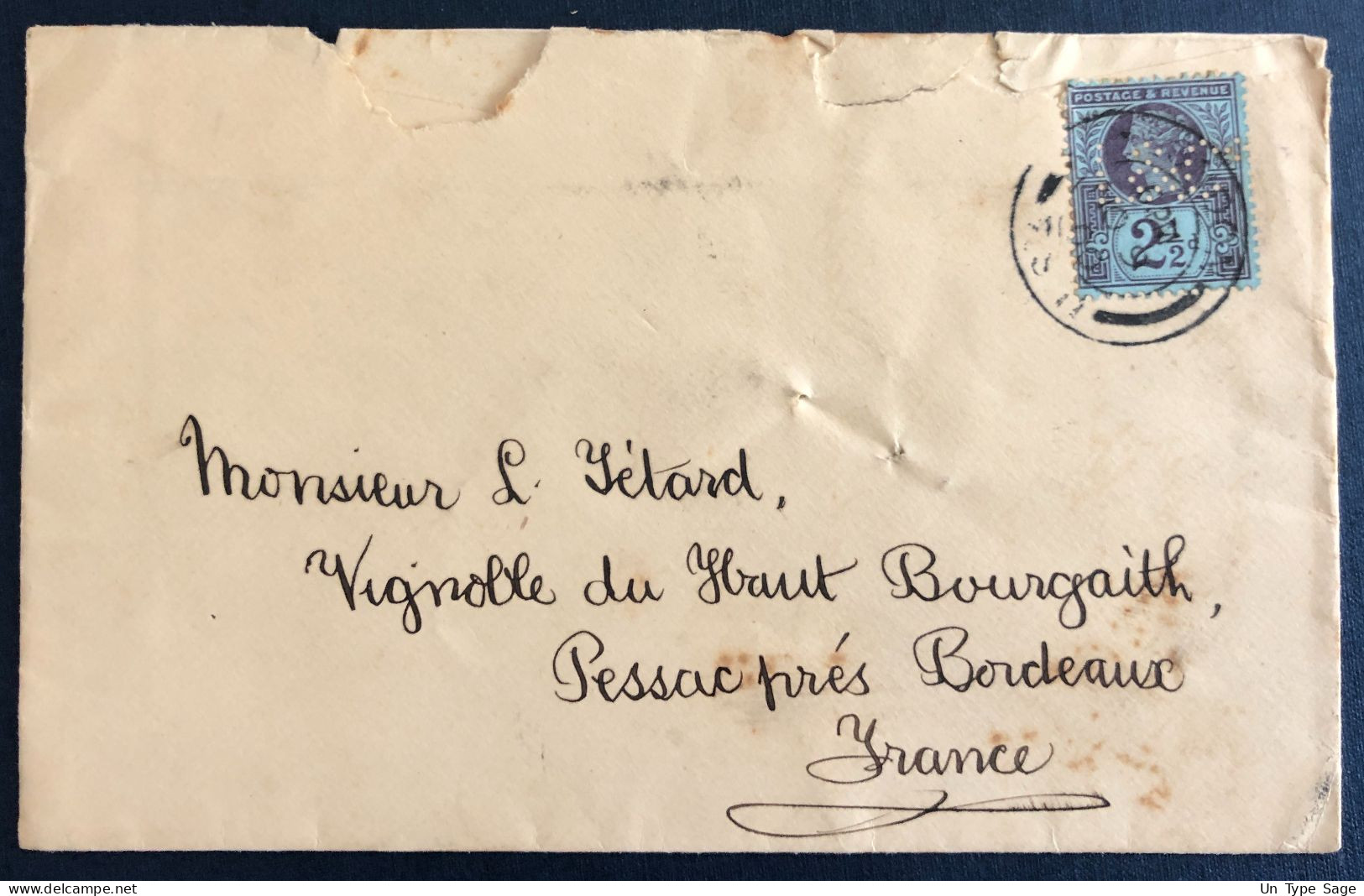 Grande-Bretagne - Divers, Perforé Sur Enveloppe 1900, Pour Bordeaux - (N130) - Cartas & Documentos
