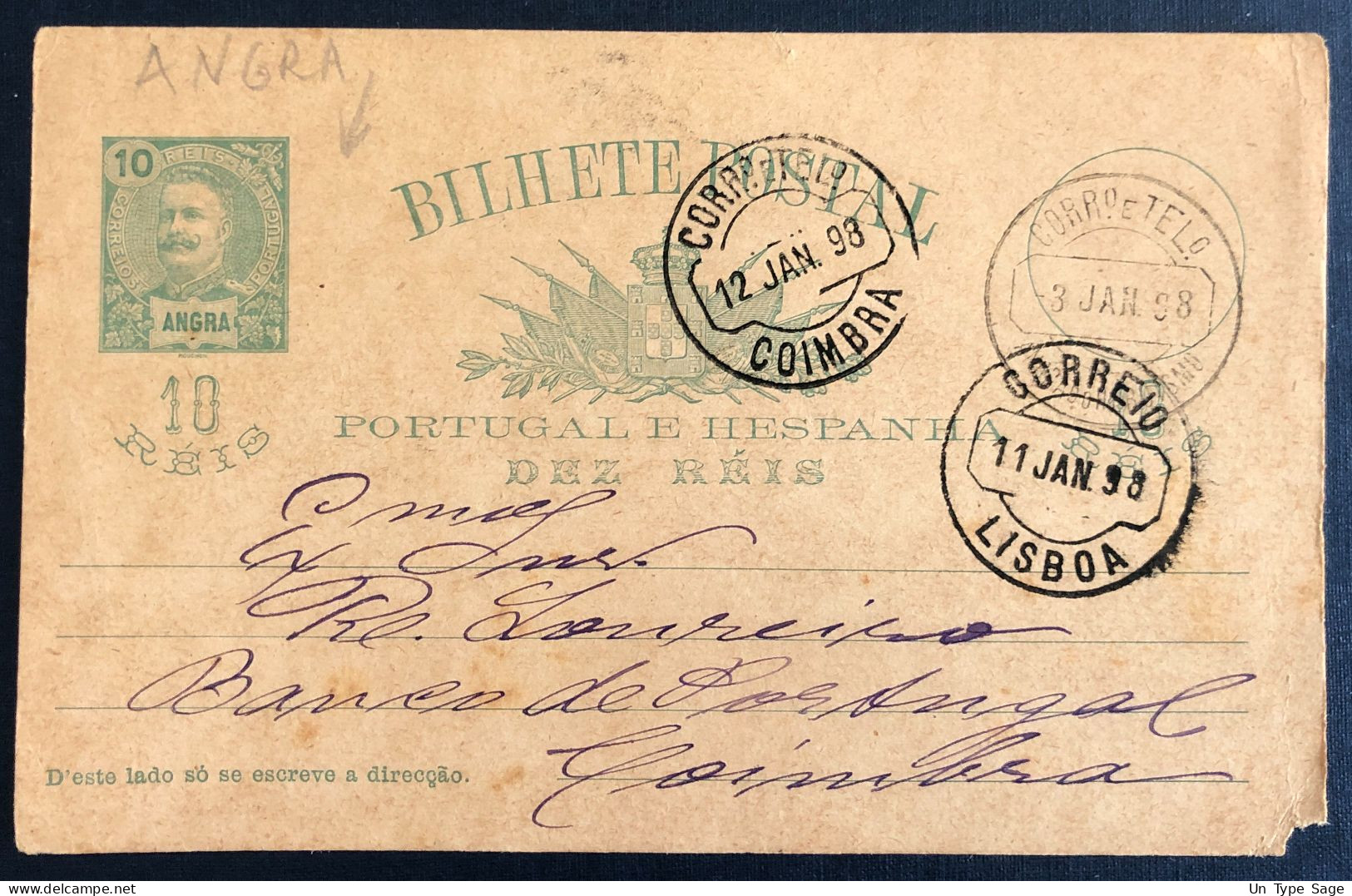 Portugal / ANGRA, Entier Carte Pour COIMBRA 12.1.1898, Via Lisboa - (N184) - Angra
