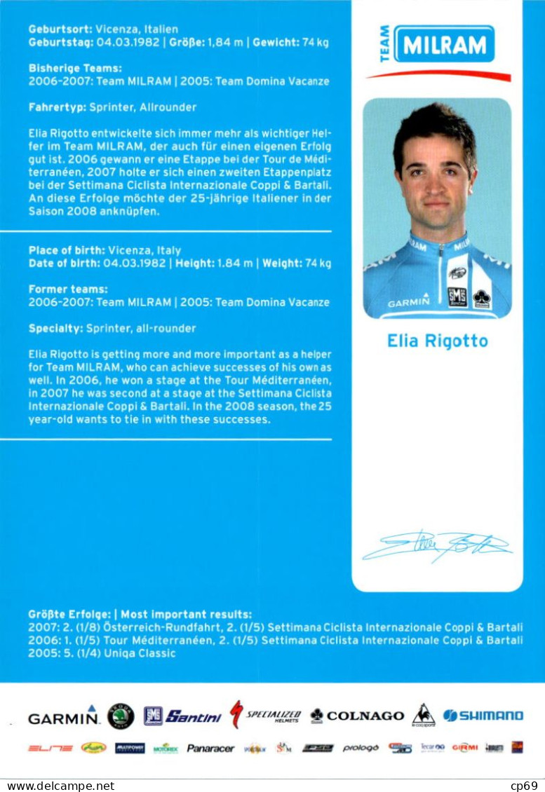 Carte Cyclisme Cycling Ciclismo サイクリング Format Cpm Equipe Cyclisme Pro Team Milram Elia Rigotto Italie Superbe.Etat - Cyclisme