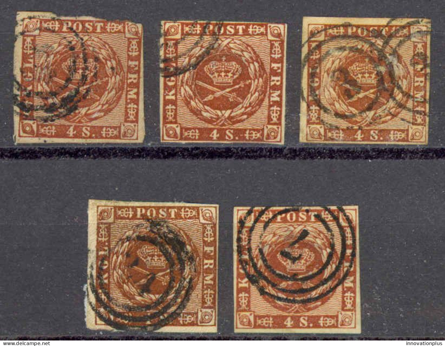 Denmark Sc# 7a Used Lot/5 1858-1862 4s Brown Wavy Lines In Spandrels - Gebraucht