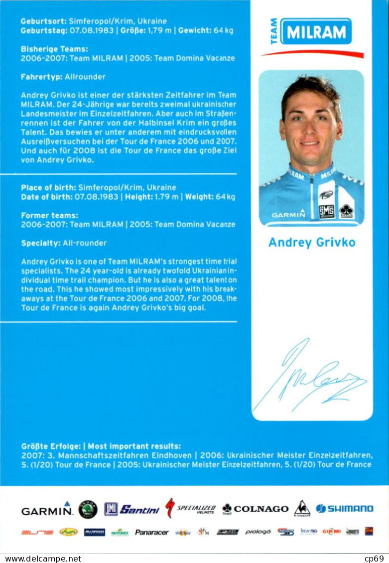 Carte Cyclisme Cycling Ciclismo サイクリング Format Cpm Equipe Cyclisme Pro Team Milram Andrey Grivko Ukraine Superbe.Etat - Cycling