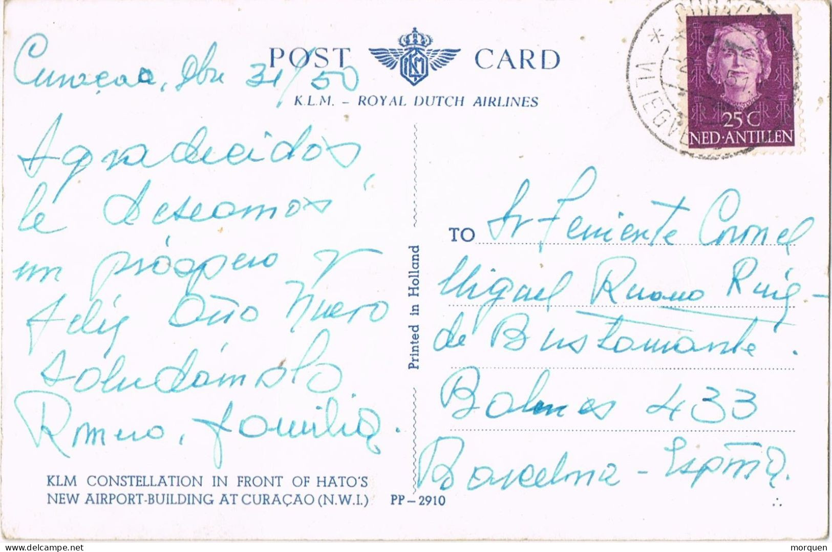 51417. Postal Aerea VLIEGVELD (Curaçao) 1950 . Avion KLM Constellation In Curaçao - Curaçao, Nederlandse Antillen, Aruba